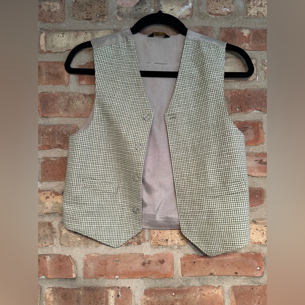 Boys 10 linen spring vest dress up event Easter plaid pattern gray satin back